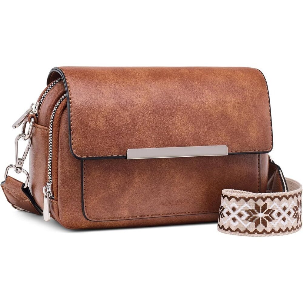 Women’s Brown Leather Purse Imported Magnetic Snap Crossbody Zipper Bags
